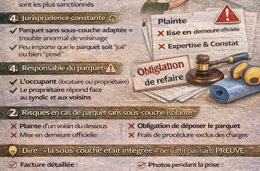 Pose de parquet en copropriété : obligations juridiques, risques et preuves à conserver